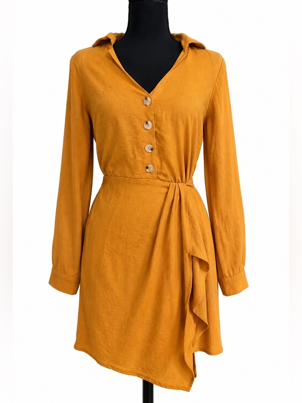 essue Mustard Long-Sleeve Button-Front Wrap Dress